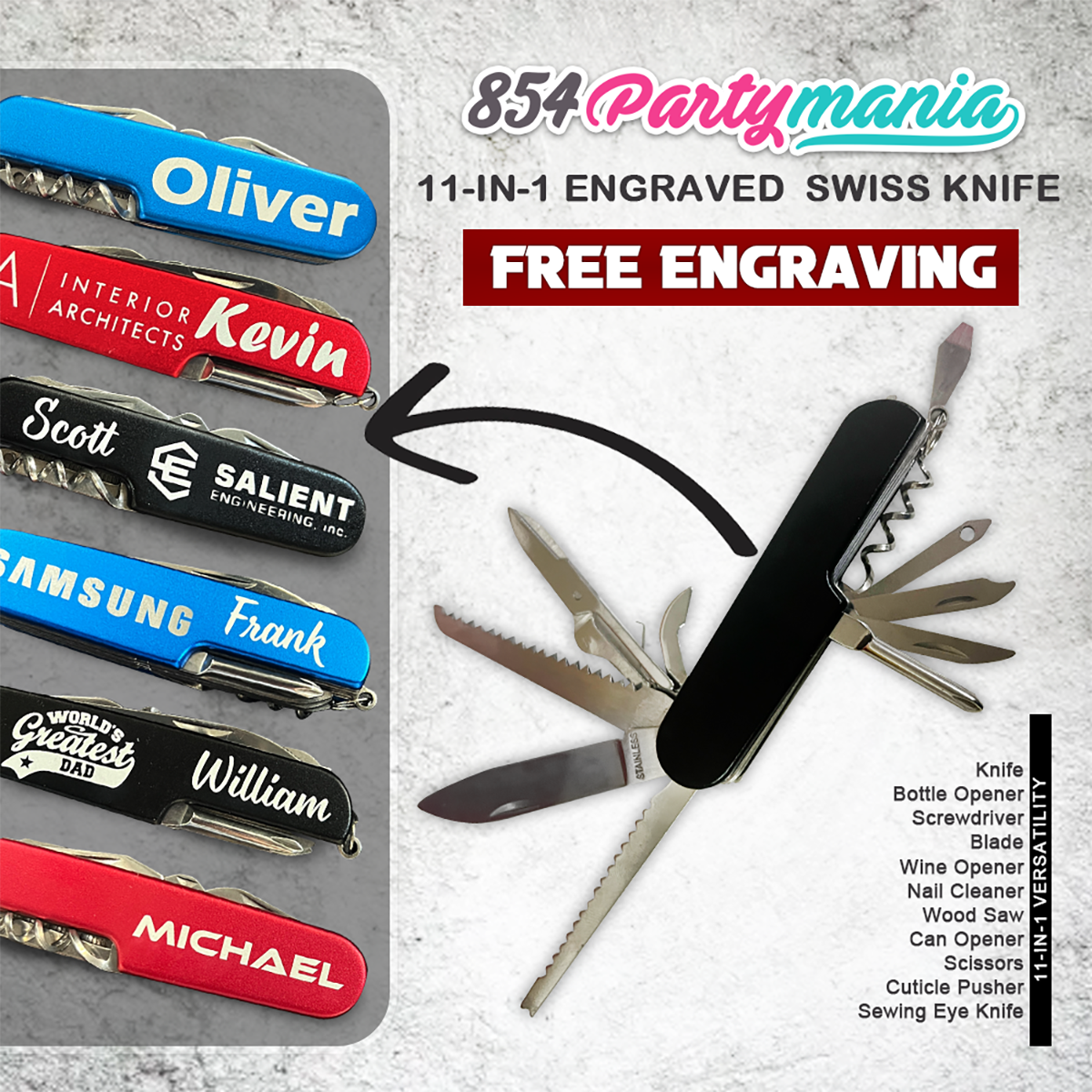 Personalized Multi-Tool 11-in-1 Steel Swiss Knife with Complimentary Personalization