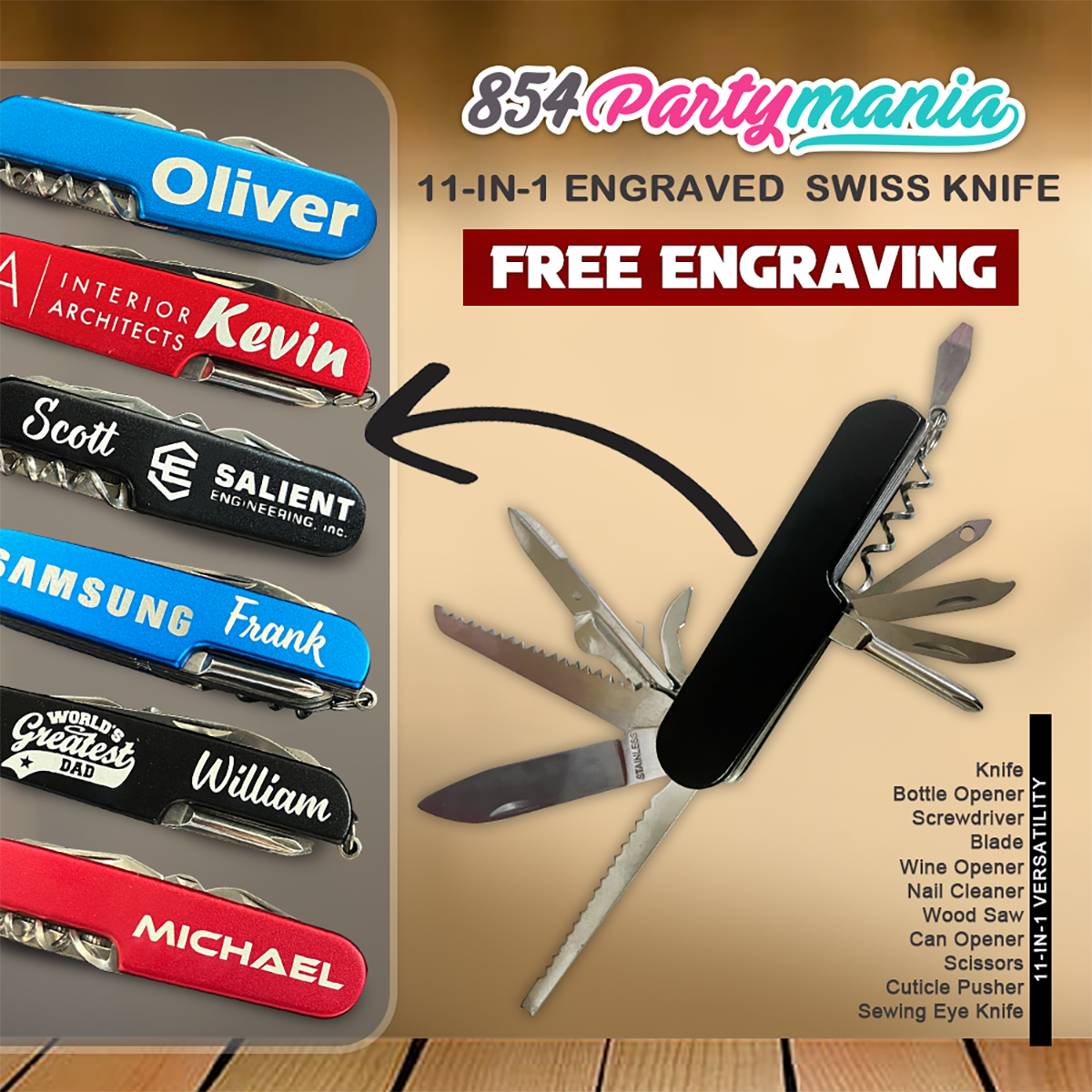 Personalized Multi-Tool 11-in-1 Steel Swiss Knife with Complimentary Personalization