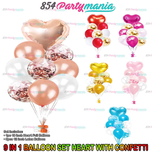 9 IN 1 BALLOON SET HEART WITH CONFETTI VALENTINES (sold by 10's / color)