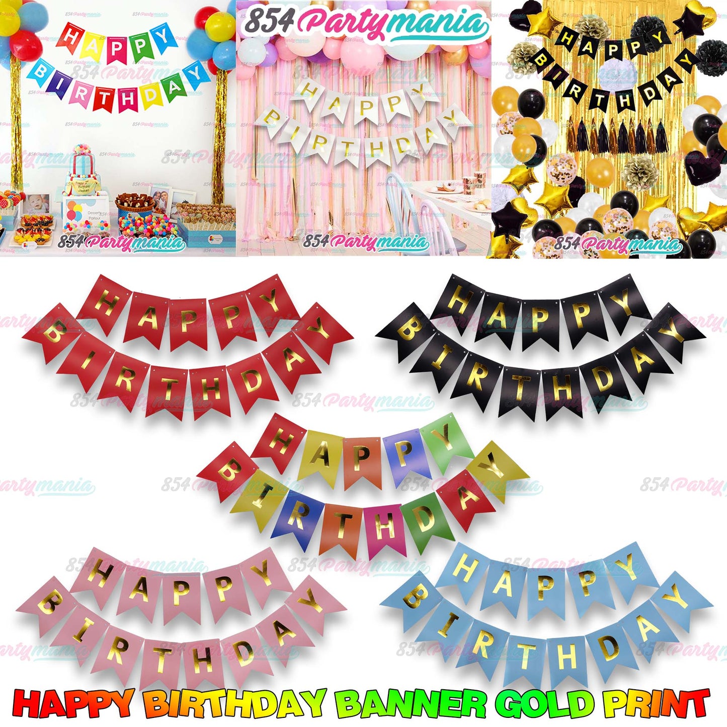 Happy Birthday Banner with Gold Print (12pcs min)